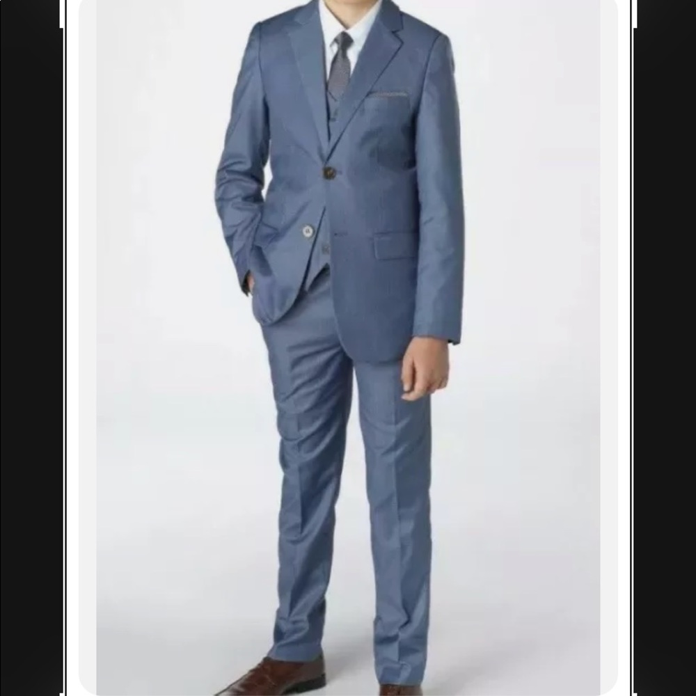 Boys slim fit blue 4 piece suit size 13. Plus 1 clip on tie. Adjustable waist